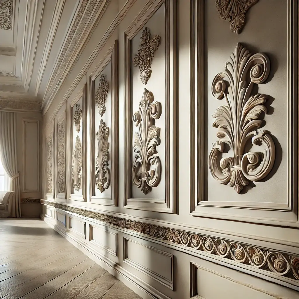DALL·E 2024 11 09 12.54.42 A detailed high quality image of a stylish interior wall with decorative house moldings. The moldings are made of concrete with intricate patterns b